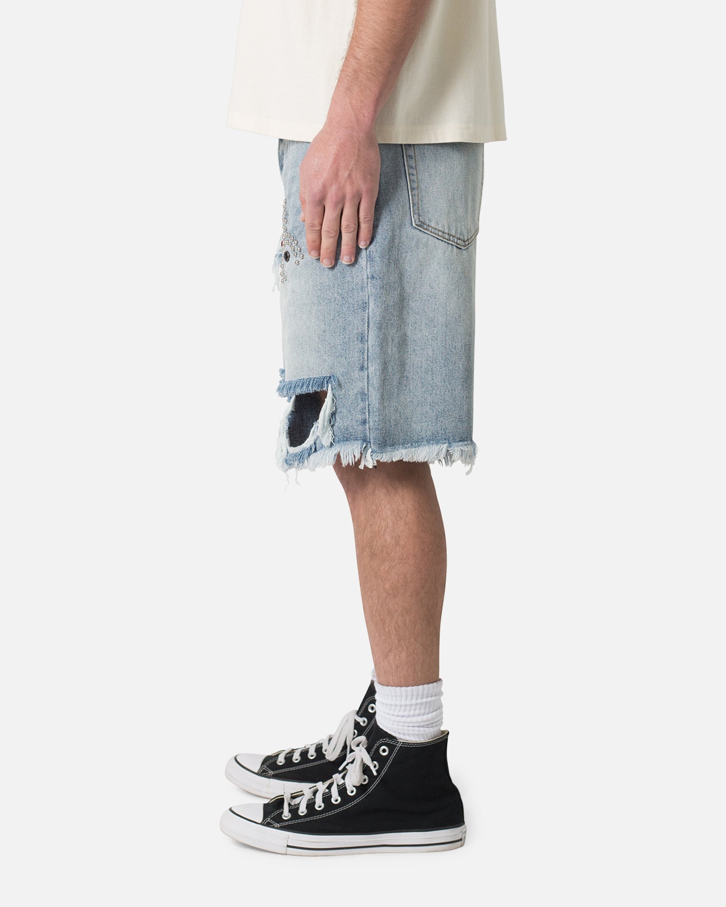 MNML Distressed Spider Denim Shorts Light Blue