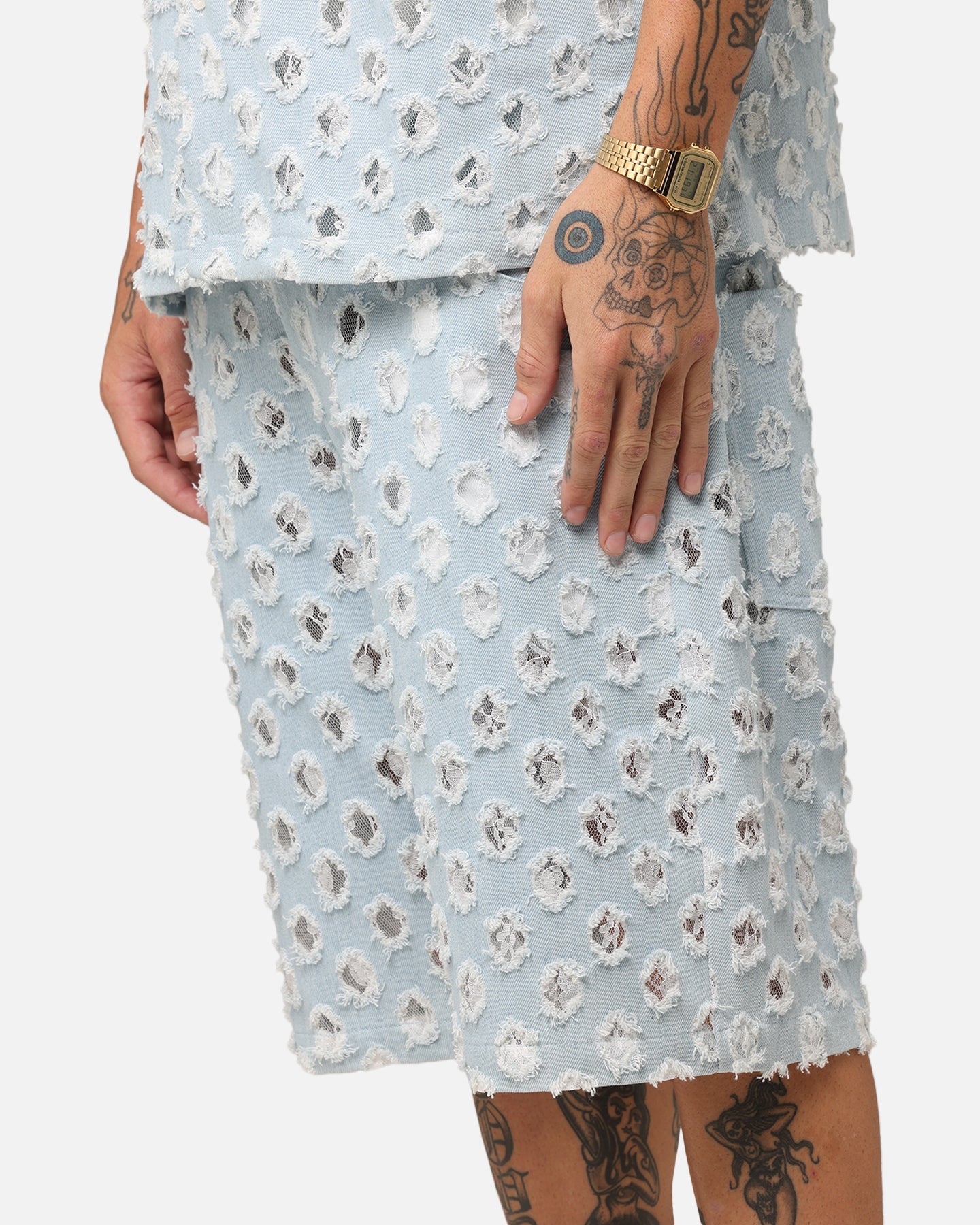 XXIII Lace Textured Denim Jorts Light Blue