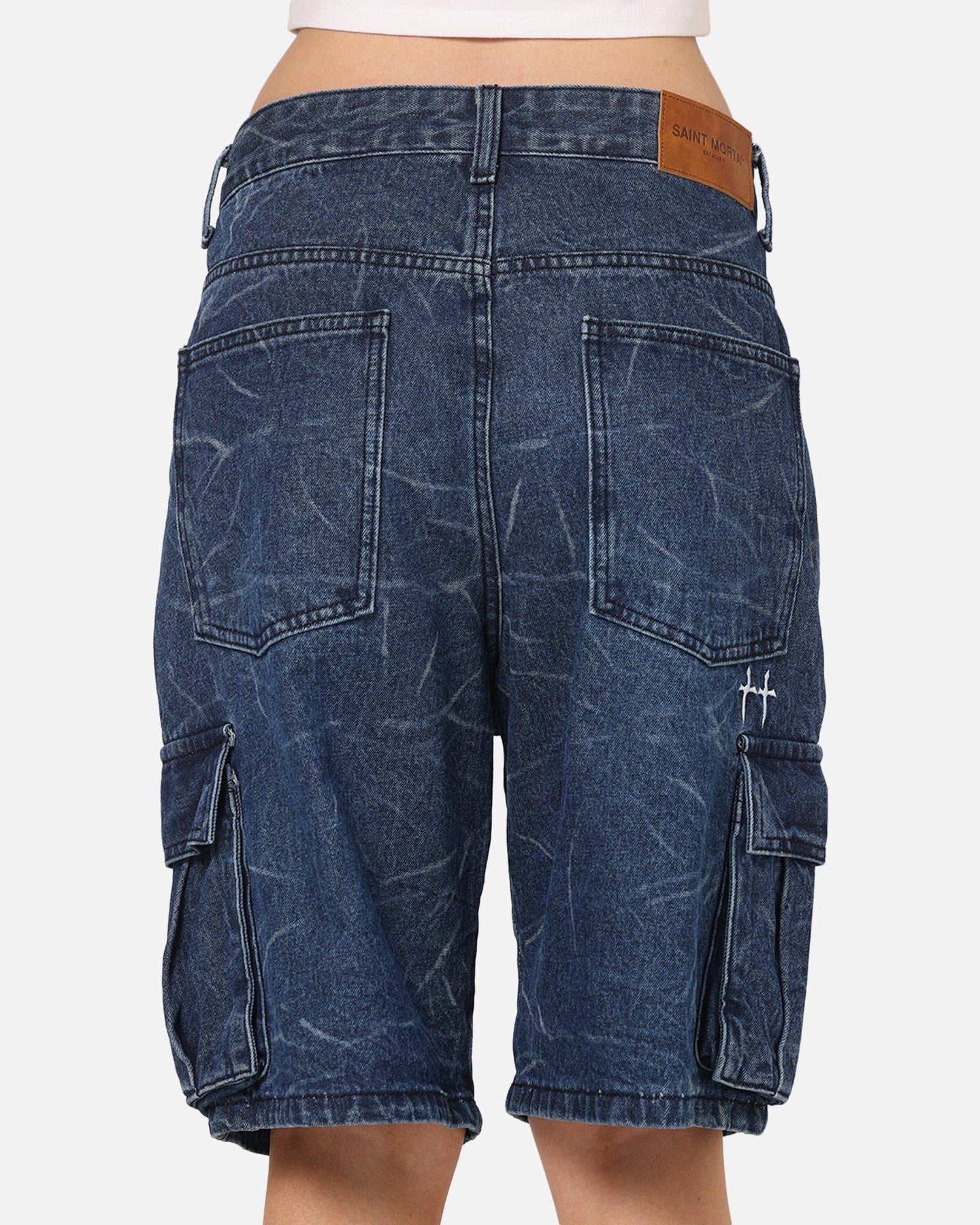 Saint Morta Denim Cargo Shorts Crinkle Stonewash