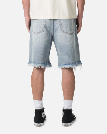 MNML Distressed Spider Denim Shorts Light Blue