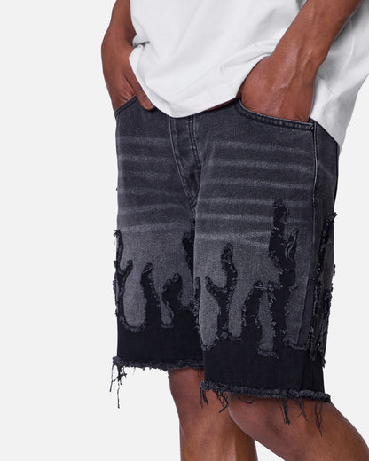 MNML Flame Denim Shorts Washed Black