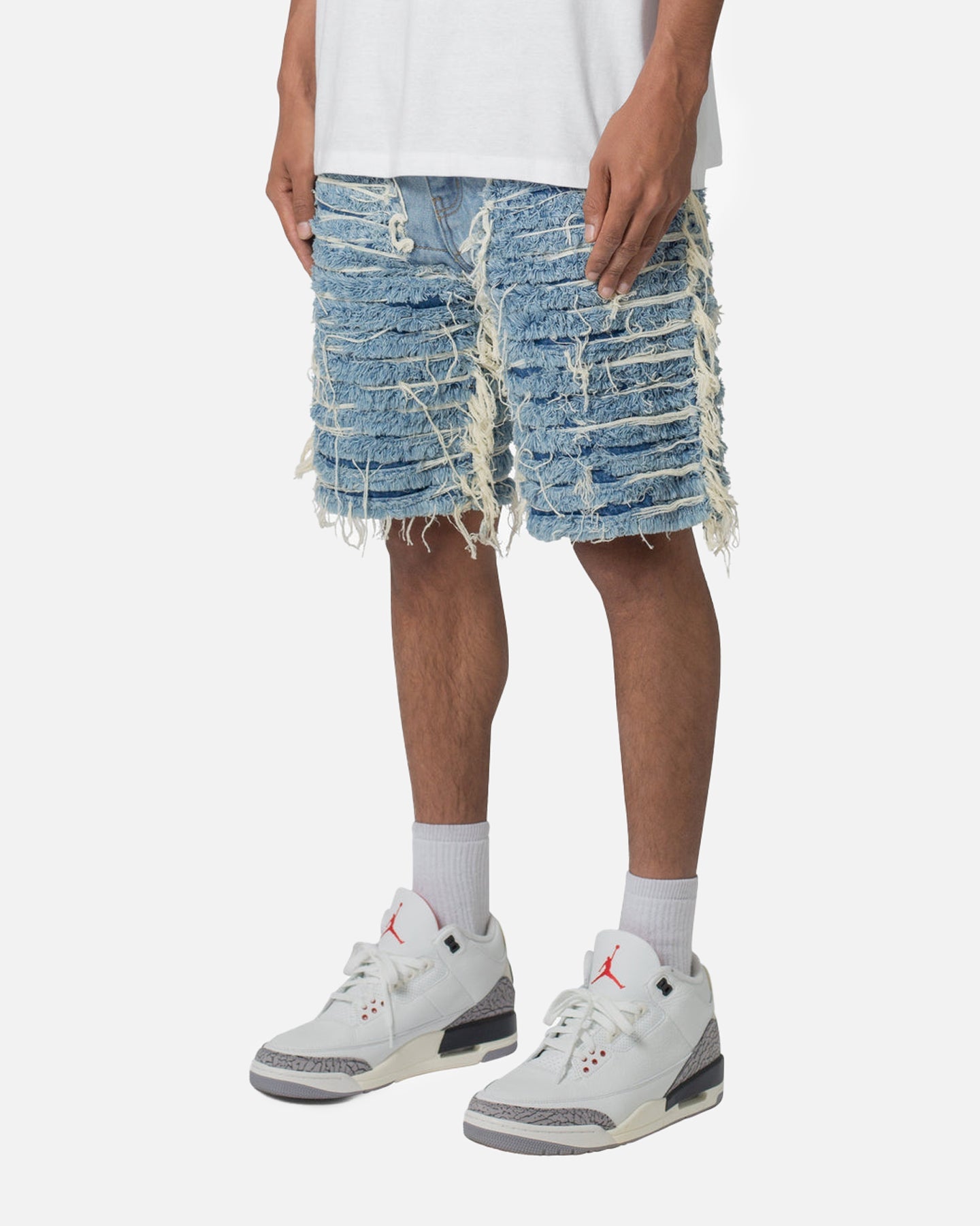 MNML All Over Frayed Denim Shorts Blue