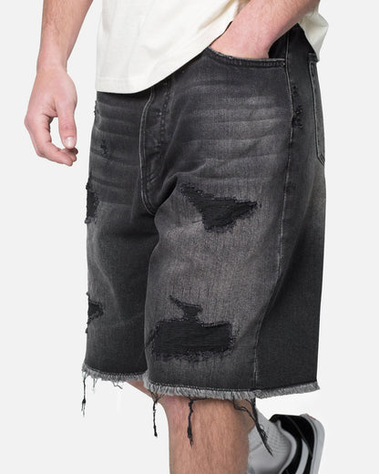 MNML Baggy Rip Denim Shorts Washed Black