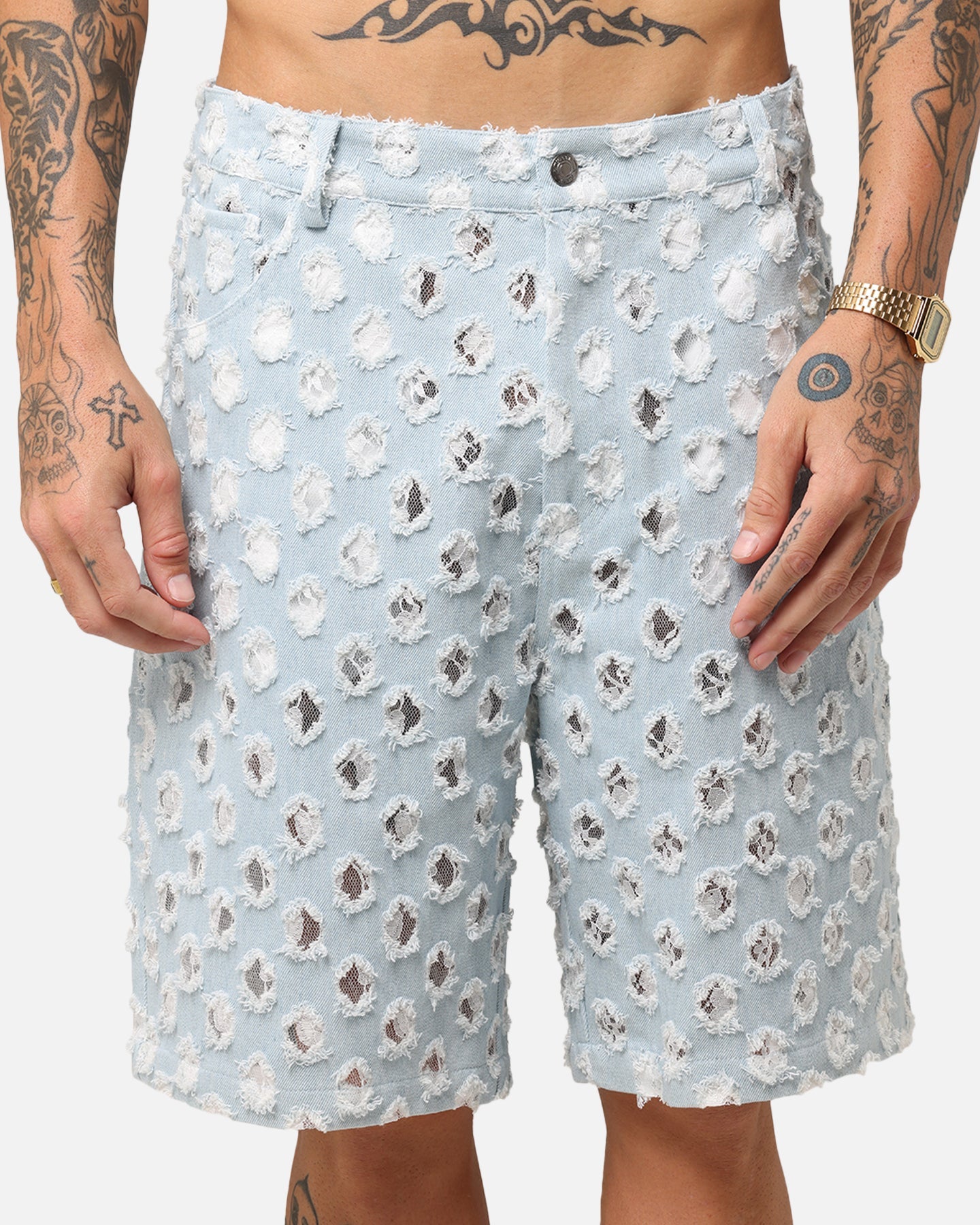 XXIII Lace Textured Denim Jorts Light Blue