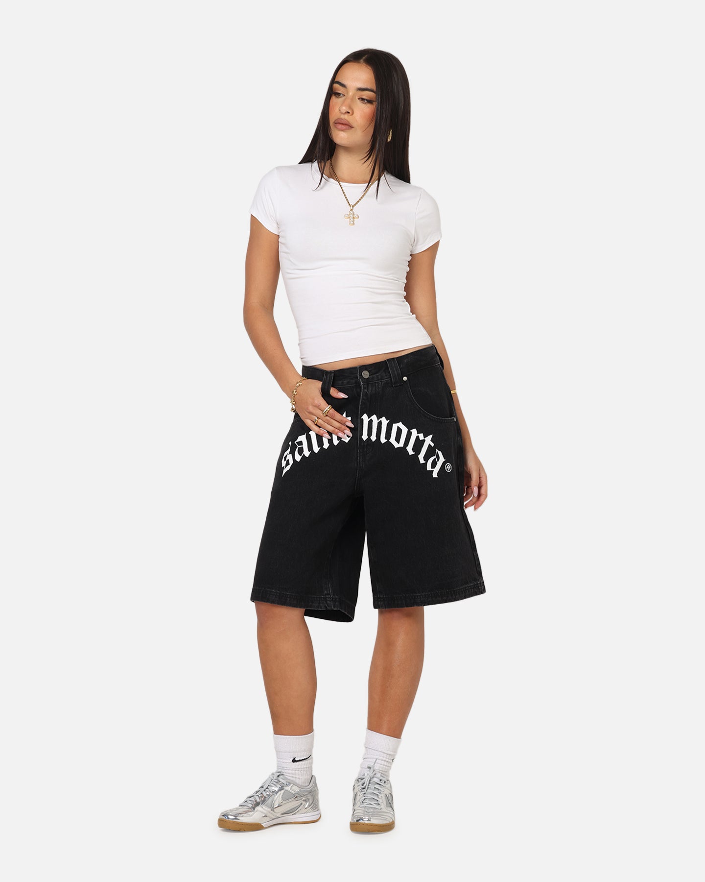 Saint Morta Amplus Gothic Denim Jort Shorts Black Shadow
