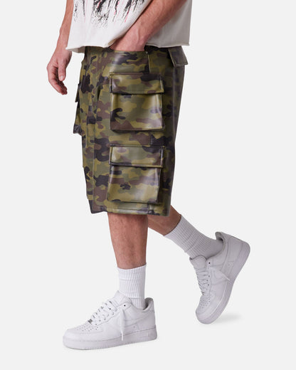 MNML Baggy Vegan Leather Cargo Shorts Camo