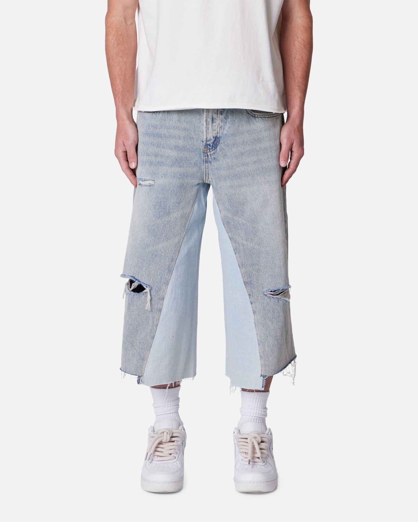 MNML Panelled Denim Shorts Light Blue Wash