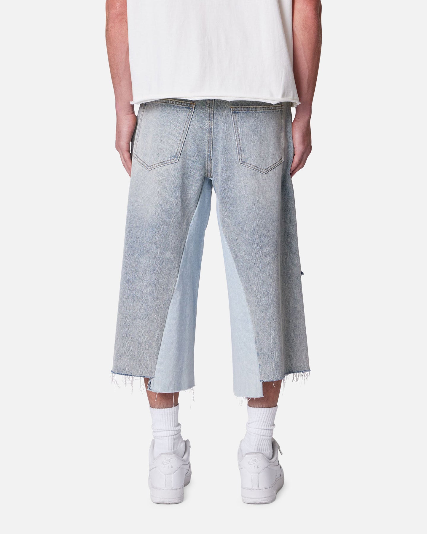 MNML Panelled Denim Shorts Light Blue Wash