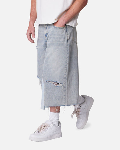 MNML Panelled Denim Shorts Light Blue Wash