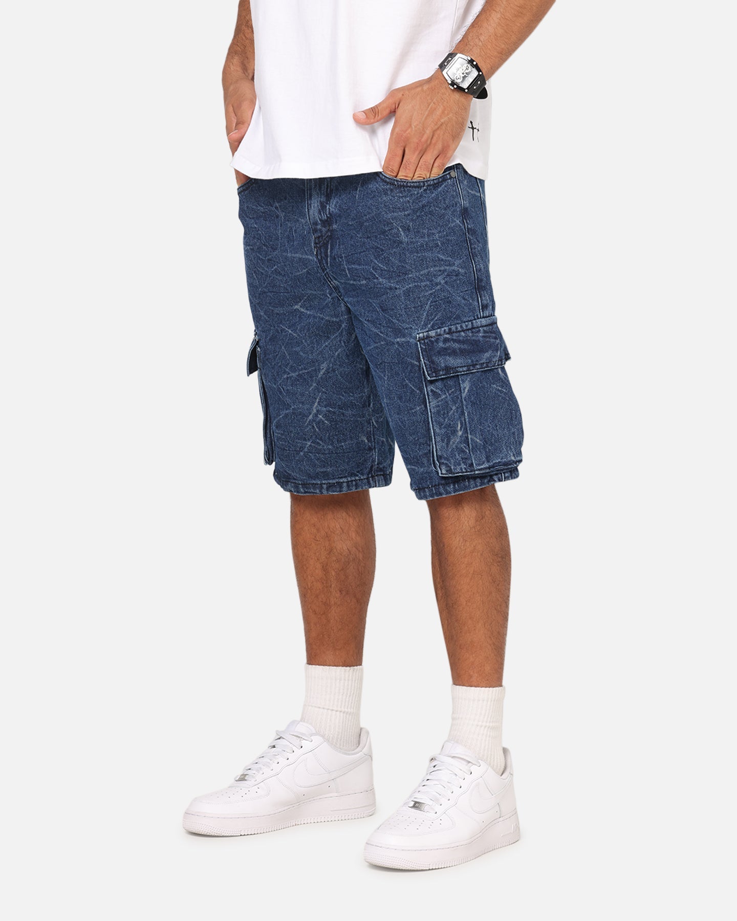 Saint Morta Denim Cargo Shorts Crinkle Stonewash