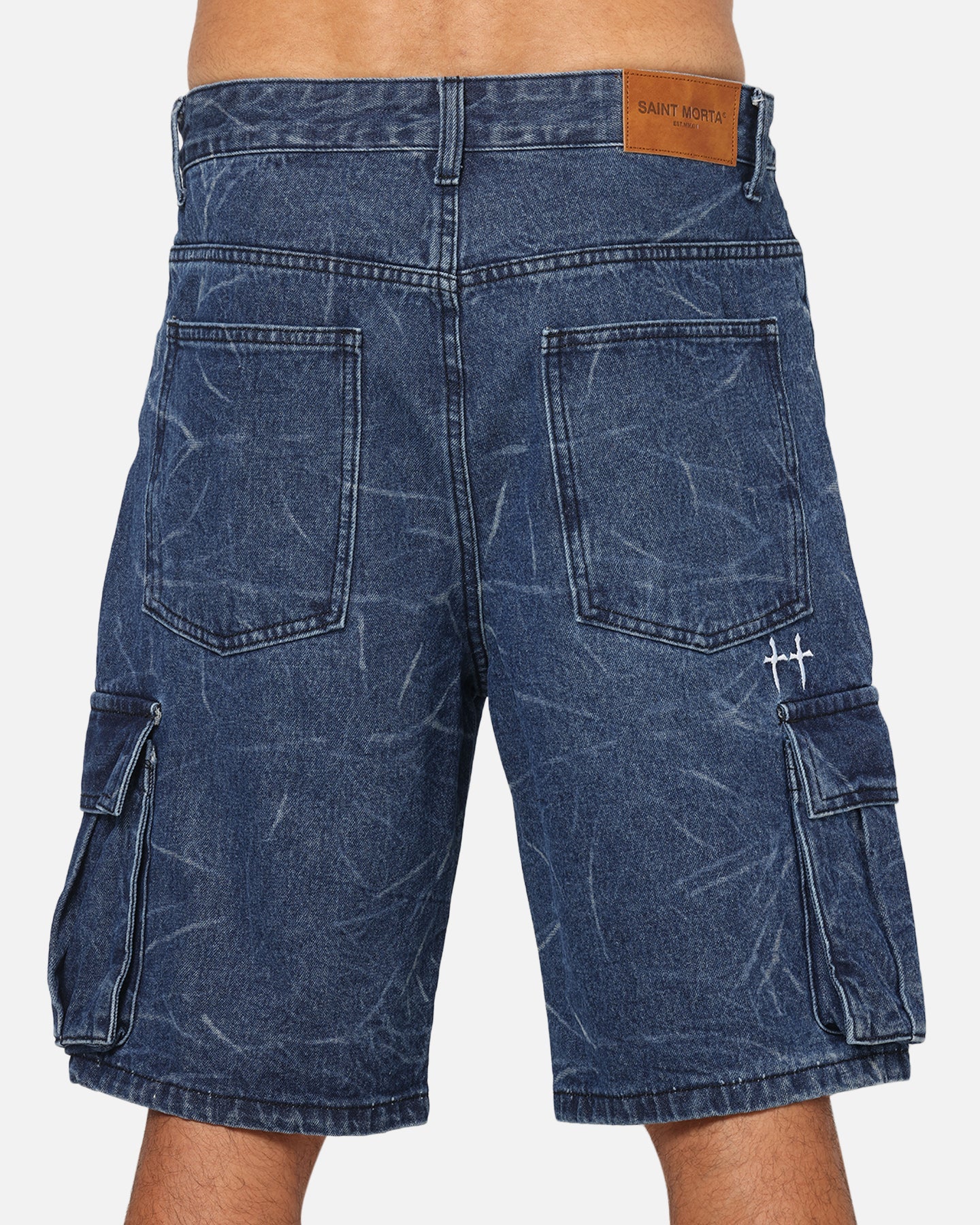 Saint Morta Denim Cargo Shorts Crinkle Stonewash